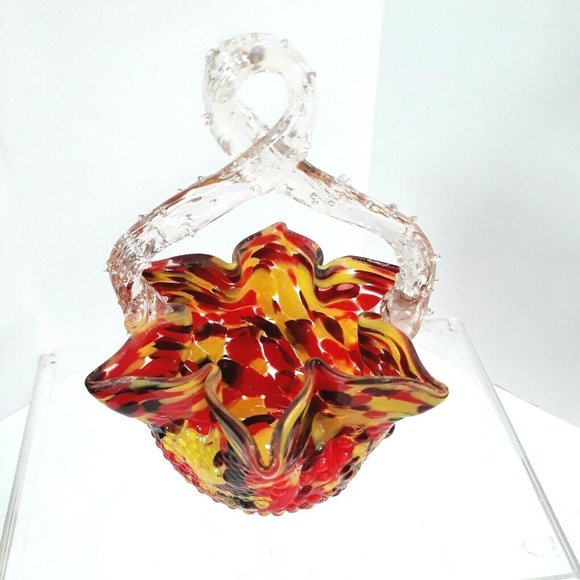 1920s Czech Art Glass Basket FRANZ WELZ Twisted Thorn Loop Red Yellow Black BOHO - Picture 2 of 12